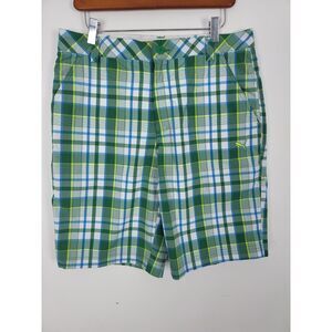 Puma Golf Shorts 32 Mens Green Blue Pockets Mid Rise Zip Up Sports Bottoms